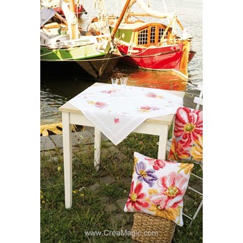 Kit Point De Croix Compté VERVACO Nappe Fleurs Colorées 80×80 Cm – Complet Avec Toile, Fils DMC & Instructions