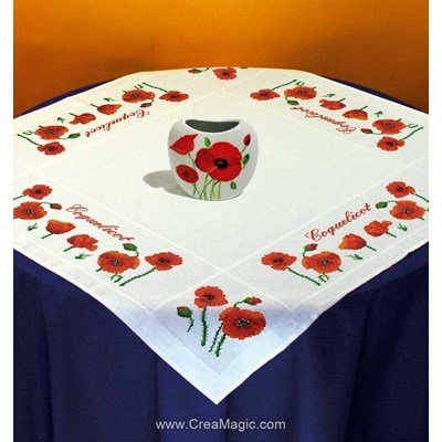 Kit nappe ourlée coquelicots à broder au point de croix compté - Luc Création