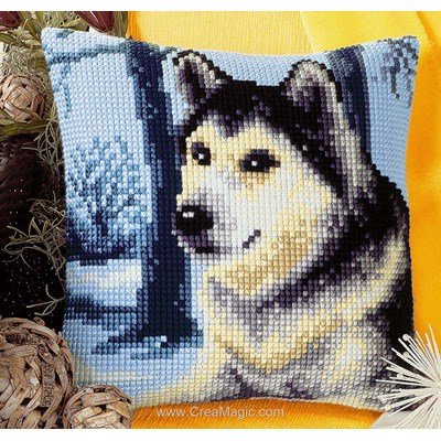 Kit coussin point de croix Vervaco husky dans la neige