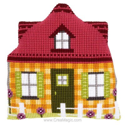 Kit coussin forme maison jaune au point de croix - Vervaco