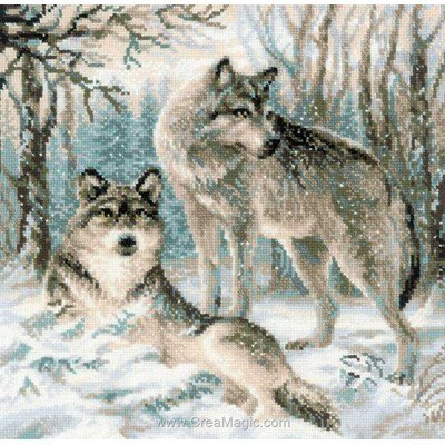 Modèle broderie au point de croix loups dans les bois enneigés - RIOLIS