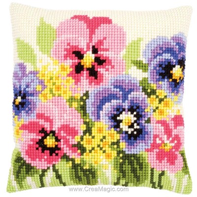 Coussin violettes de Vervaco au point de croix