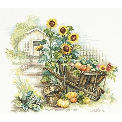 Wheelbarrow and sunflowers sur etamine broderie point de croix - Lanarte