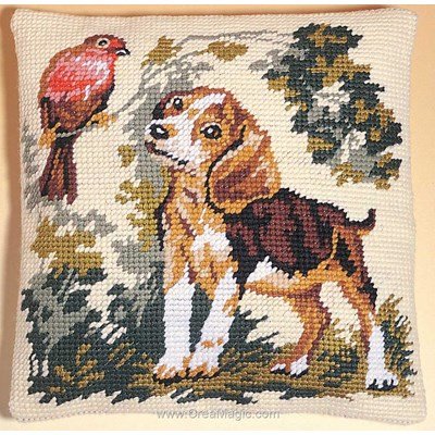 Coussin le chien et l'oiseau au demi point SEG