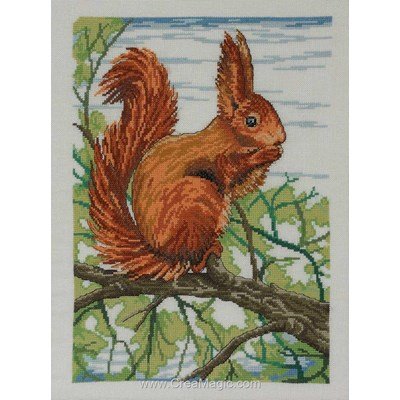 Broderie Permin squirrel sur l'arbre sur toile lin