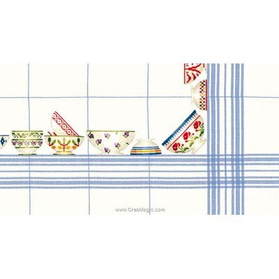 Nappe en kit à broder au point de croix bols blanche à carreaux ciel 140x140 de Le Bonheur Des Dames