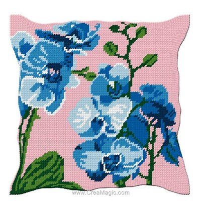 Coussin demi point orchidées bleues - Luc Création