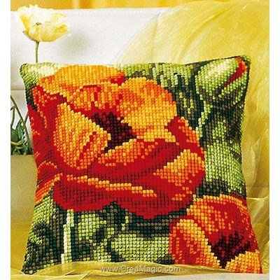 Coussin coquelicots feuille de Vervaco au point de croix