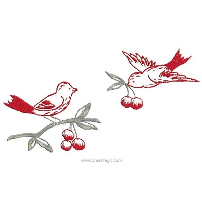 Kit de broderie imprimée les deux oiseaux et les cerises d'Au Fil De L'Ange