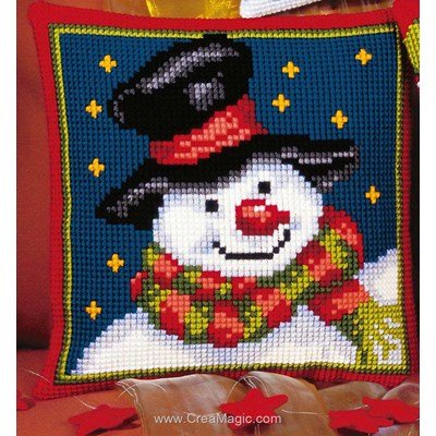 Coussin au point de croix Vervaco portrait bonhomme de neige