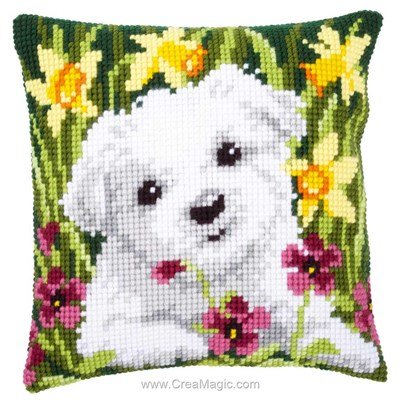 Coussin chiot fleuri au point de croix - Vervaco