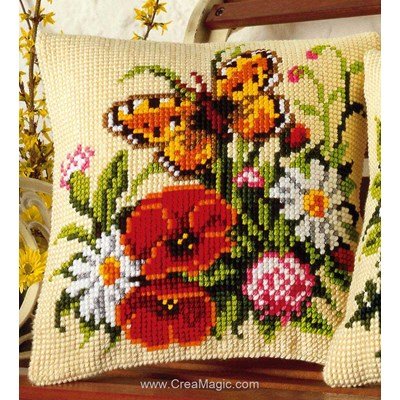 Kit De Broderie Point De Croix Pré-imprimé - Housse De Coussin 45x45 Cm Motifs Fleurs Et Papillons, Avec Fil Et Aiguilles
