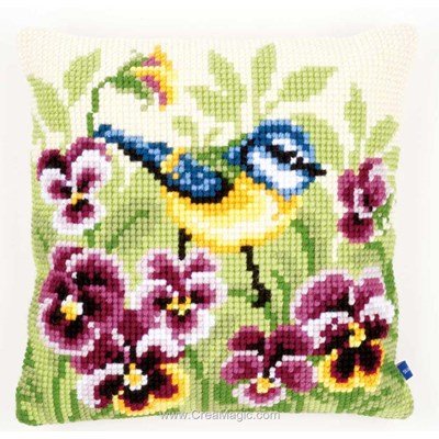 Coussin mésange bleue au point de croix de Vervaco