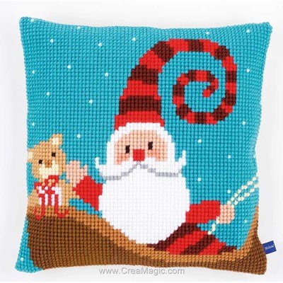 Coussin père noel sur traîneau de Vervaco au point de croix