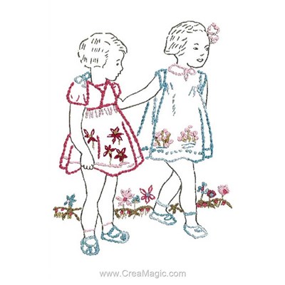 Kit de broderie traditionnelle Au Fil De L'Ange deux petites filles au jardin