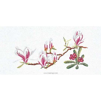 Magnolia-primula sur lin broderie point de croix - Thea Gouverneur