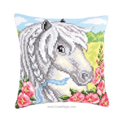 Coussin Collection d'art poney blanc au point de croix