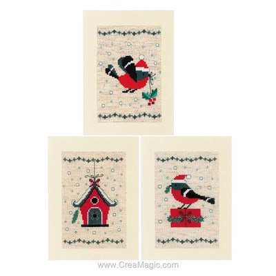 Kit carte oiseaux et maison de noël - lot de 3 cartes à broder Vervaco