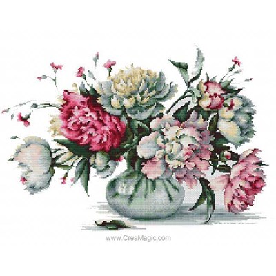 Kit broderie point compté vase de pivoines roses - Luca-S