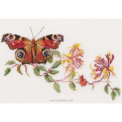 Tableau broderie point de croix butterfly-honeysuckle sur lin de Thea Gouverneur