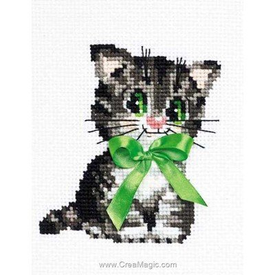 Mini broderie RIOLIS chaton au ruban vert