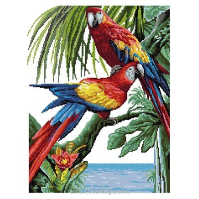 Kit Rafael Angelot à broder au point croix perroquets tropicaux