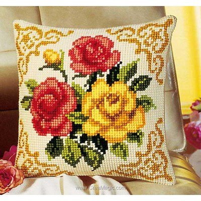 Kit coussin au point de croix roses jaune et rouges - Vervaco