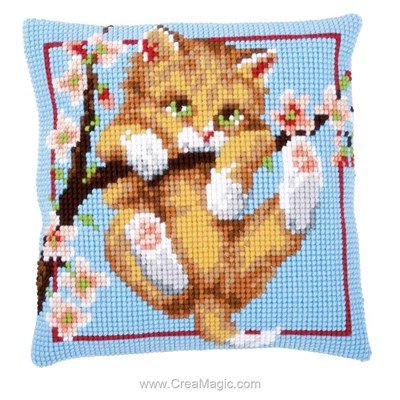 Kit coussin au point de croix petit chaton sur la branche de Vervaco