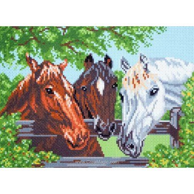 Kit broderie imprimée chevaux tricolore sur aida - Collection d'art