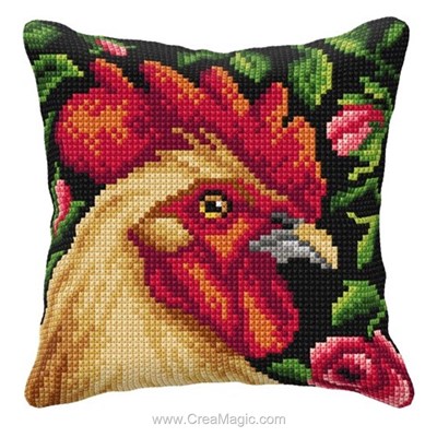 Kit coussin Orchidea au point de croix coq aux roses