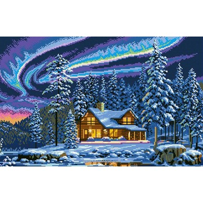 Broderie diamant aurores boréales sur le chalet de Diamond Painting