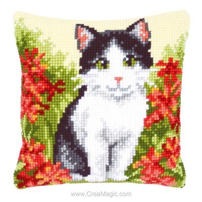 Coussin au point de croix chaton dans les fleurs de Vervaco