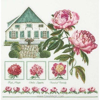 Modèle au point de croix ferme aux pivoines sur lin de Thea Gouverneur