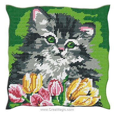 Coussin Luc Création chaton et tulipe au demi point