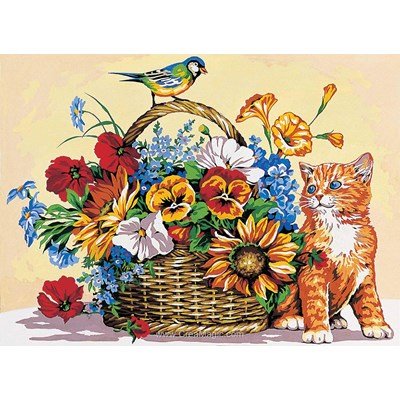 Canevas chat et le panier fleuri - SEG