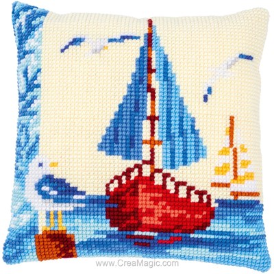 Coussin Vervaco au point de croix bateau aux mouettes