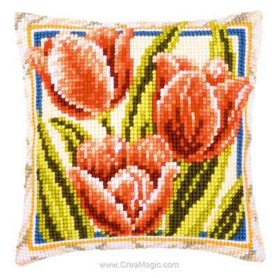 Kit coussin trio de tulipes rouges au point de croix de Vervaco