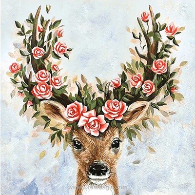 Broderie diamant le cerf à la couronne de roses - Wizardi