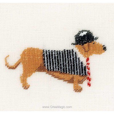 Kit tableau point de croix chien avec un chapeau melon sur lin - Lanarte
