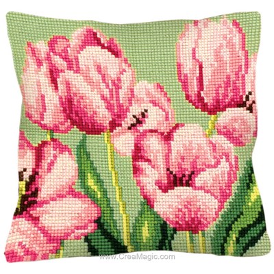 Kit Coussin Canevas - Tulipes rose intense - Collection d'art
