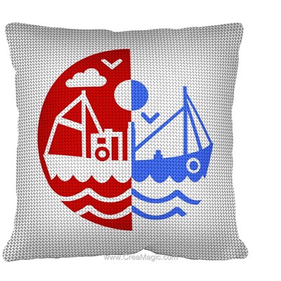 Coussin au demi point la pêche bleu rouge - SEG