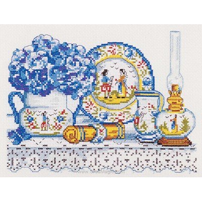 Tableau broderie point de croix faience et hortensias - Marie Coeur