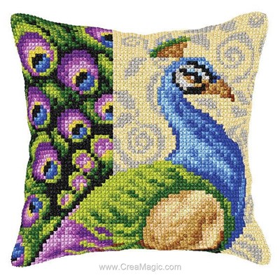 Coussin point de croix Orchidea paon et déco colorée