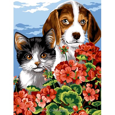 Canevas chat et chien dans les fleurs - Margot