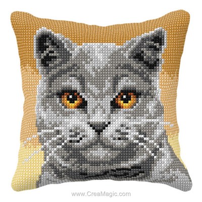 Coussin point de croix Orchidea chat gris aux yeux jaunes