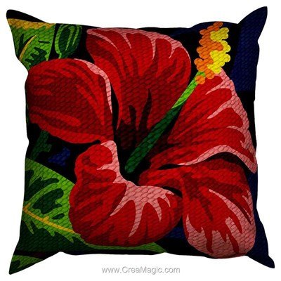 Coussin SEG au demi point fleur d'hibiscus rouge