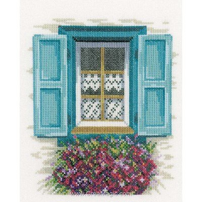 Kit broderie Lanarte les volets bleus et jardinière fleurie