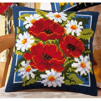 Coussin coquelicots et pâquerettes bleu au point de croix Vervaco