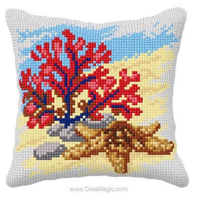 Kit coussin Orchidea au point de croix corail et coquillage