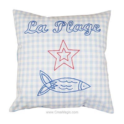 Coussin Anette Eriksson la plage bleu à broder en broderie traditionnelle imprimée